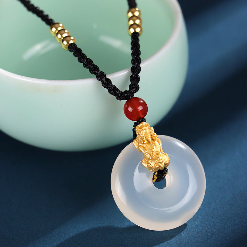 999 Silver Brave Troops White Agate Peace Buckle Necklace