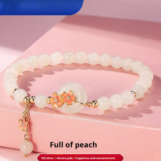 Hetian Jade 925 Sterling Silver Mori Style National Style Elegant Peach Blossom Jade Jewelry