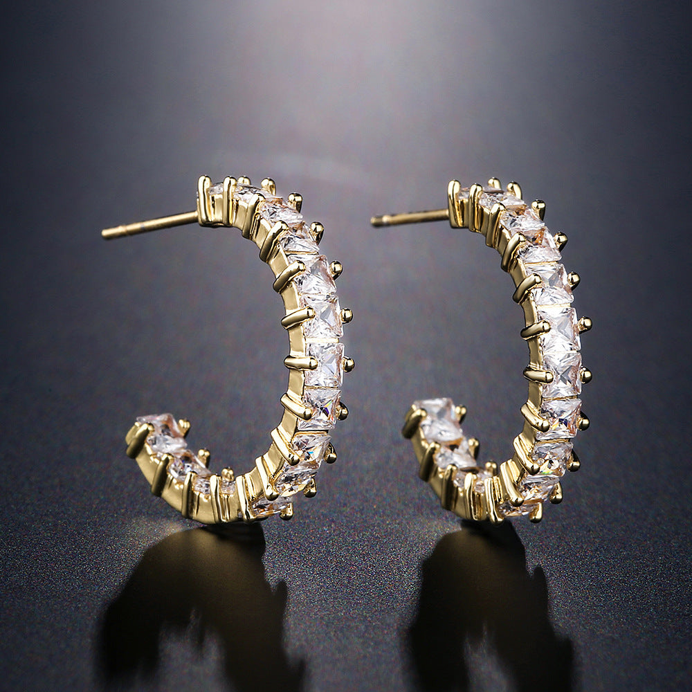 Women's Irregular Retro Inlaid Zirconium Thick C- Shaped Earrings