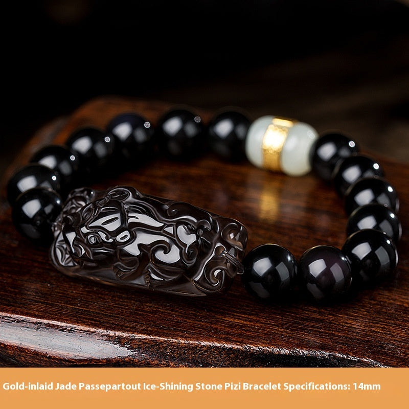 Gold Inlaid With Jade As Right As Rain Ice-like Natural Rainbow Eye Obsidian Bracelet