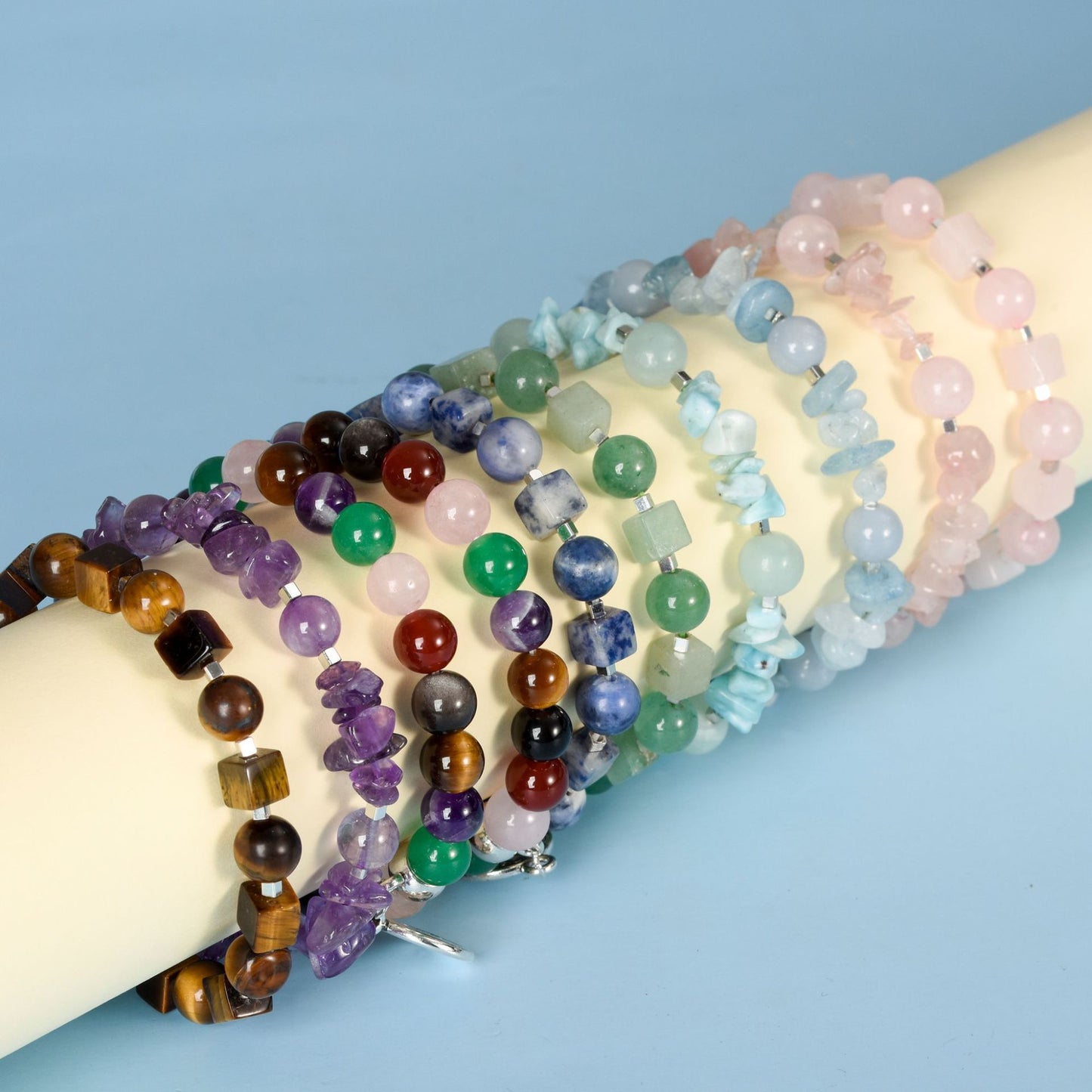 Crystal Stone Cut Cube Simple Handmade Stretch Golden Balls Bracelet