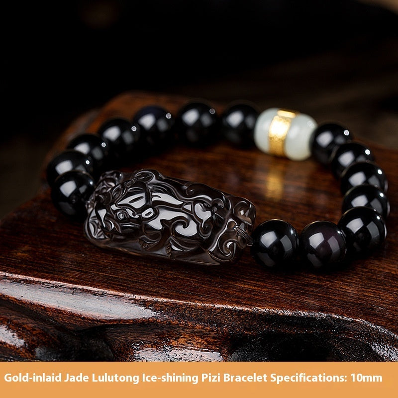 Gold Inlaid With Jade As Right As Rain Ice-like Natural Rainbow Eye Obsidian Bracelet