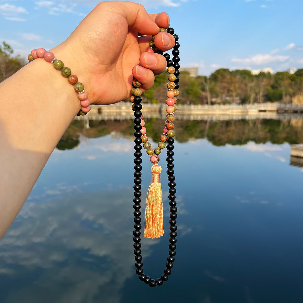 Unakite Prayer Beads 108 Natural Stone Mala Bracelet Suit