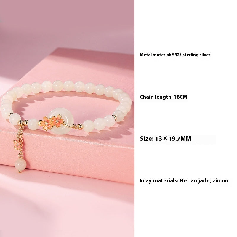 Hetian Jade 925 Sterling Silver Mori Style National Style Elegant Peach Blossom Jade Jewelry