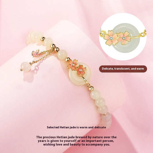 Hetian Jade 925 Sterling Silver Mori Style National Style Elegant Peach Blossom Jade Jewelry