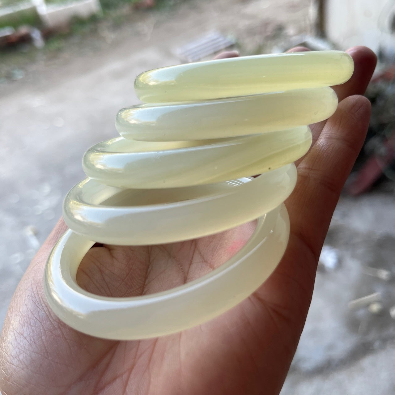 Ice-like Greenish White Jade Thin Round Bar Non-Hetian Suet Bracelet