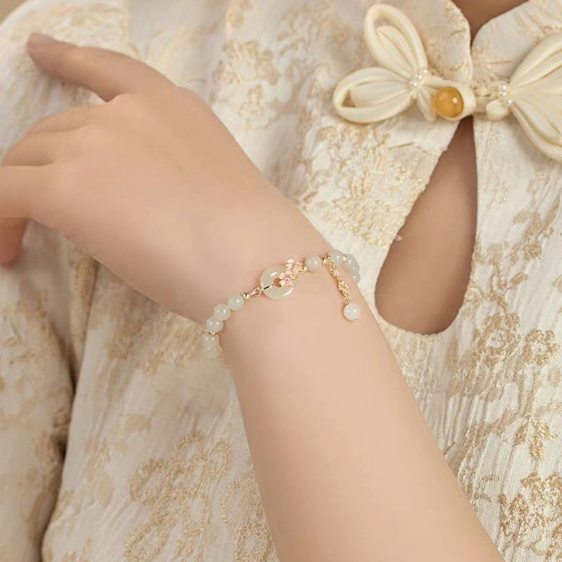 Hetian Jade 925 Sterling Silver Mori Style National Style Elegant Peach Blossom Jade Jewelry